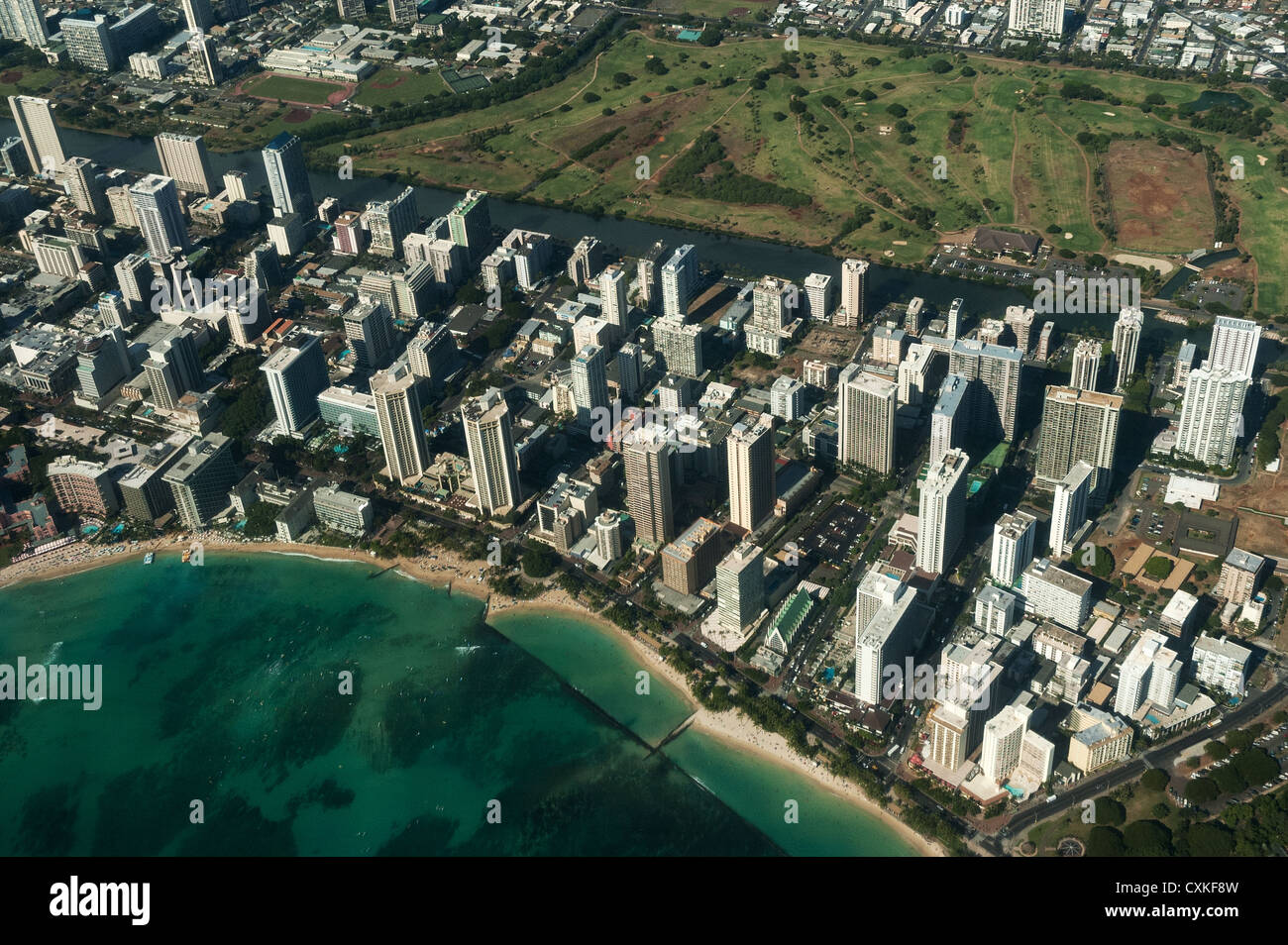 Elk284-1326 Hawaii, Oahu, Honolulu, Waikiki, Blick aus der Luft Stockfoto