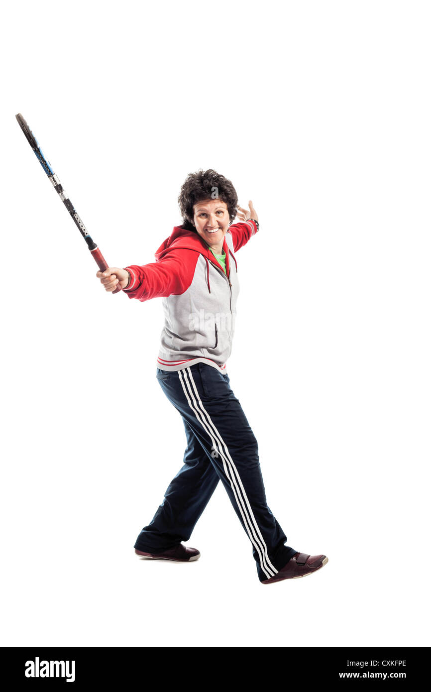 Lässige Tennisspielerin isoliert auf weißem Hintergrund Stockfoto