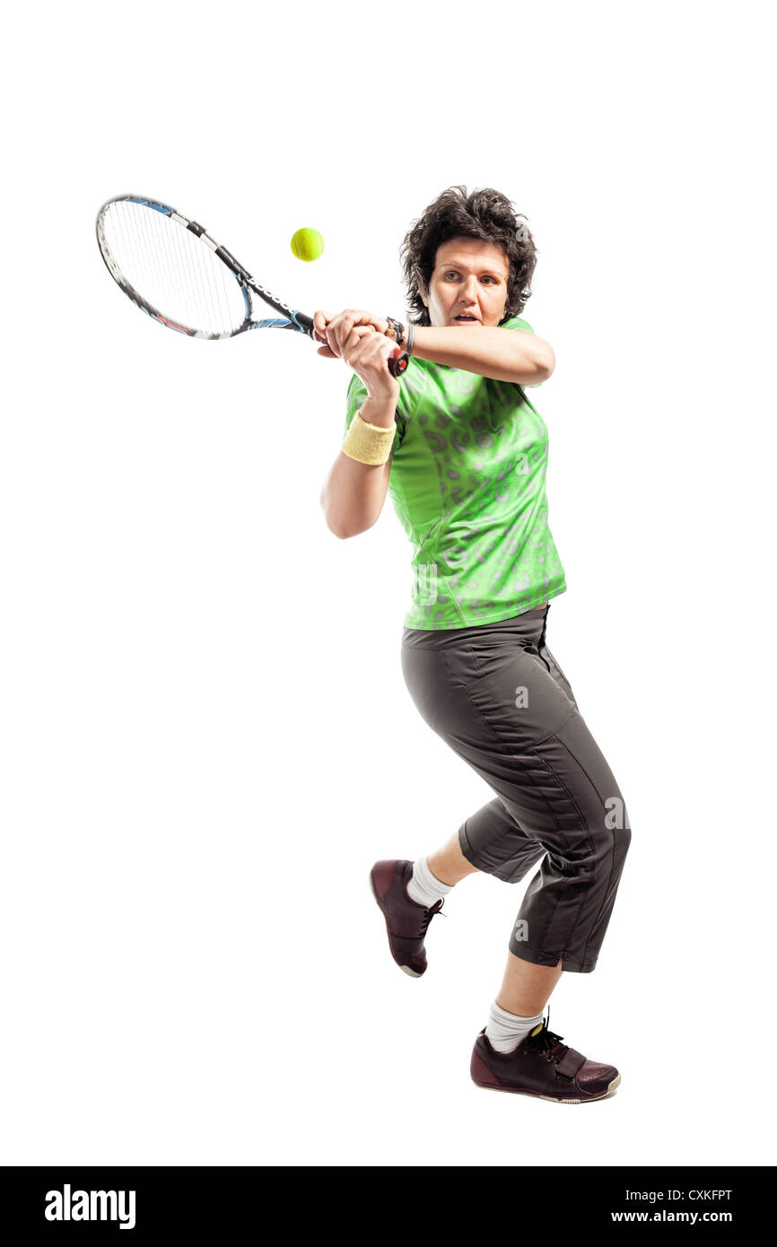 Lässige Tennisspielerin isoliert auf weißem Hintergrund Stockfoto