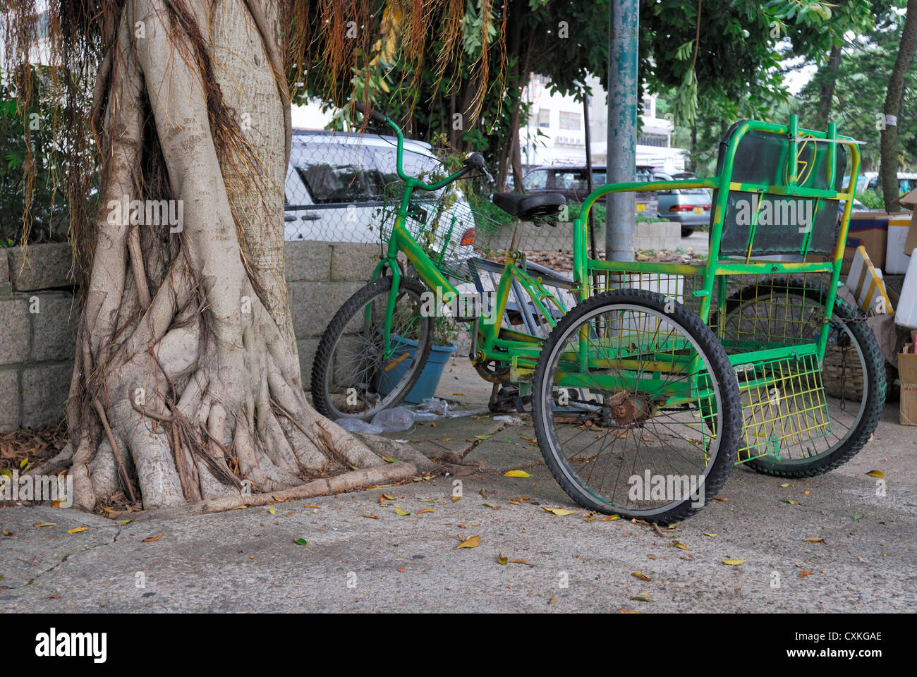 Großes Dreirad oder Trishaw parkte neben einem Baum, Mui Wo Lantau Insel Hong Kong. Stockfoto