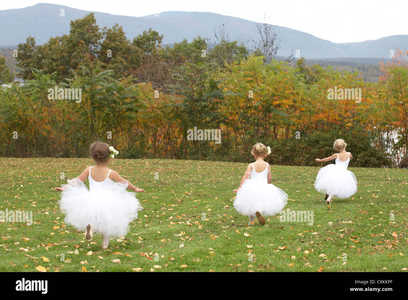 Mädchen im Ballett Kostüme in einem Feld laufen Stockfoto