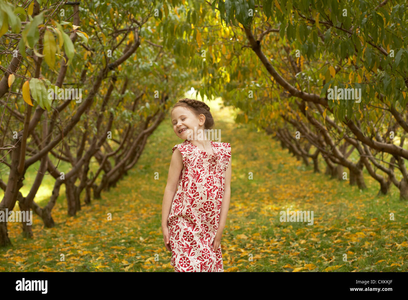 Mädchen spielen am Peach orchard Stockfoto