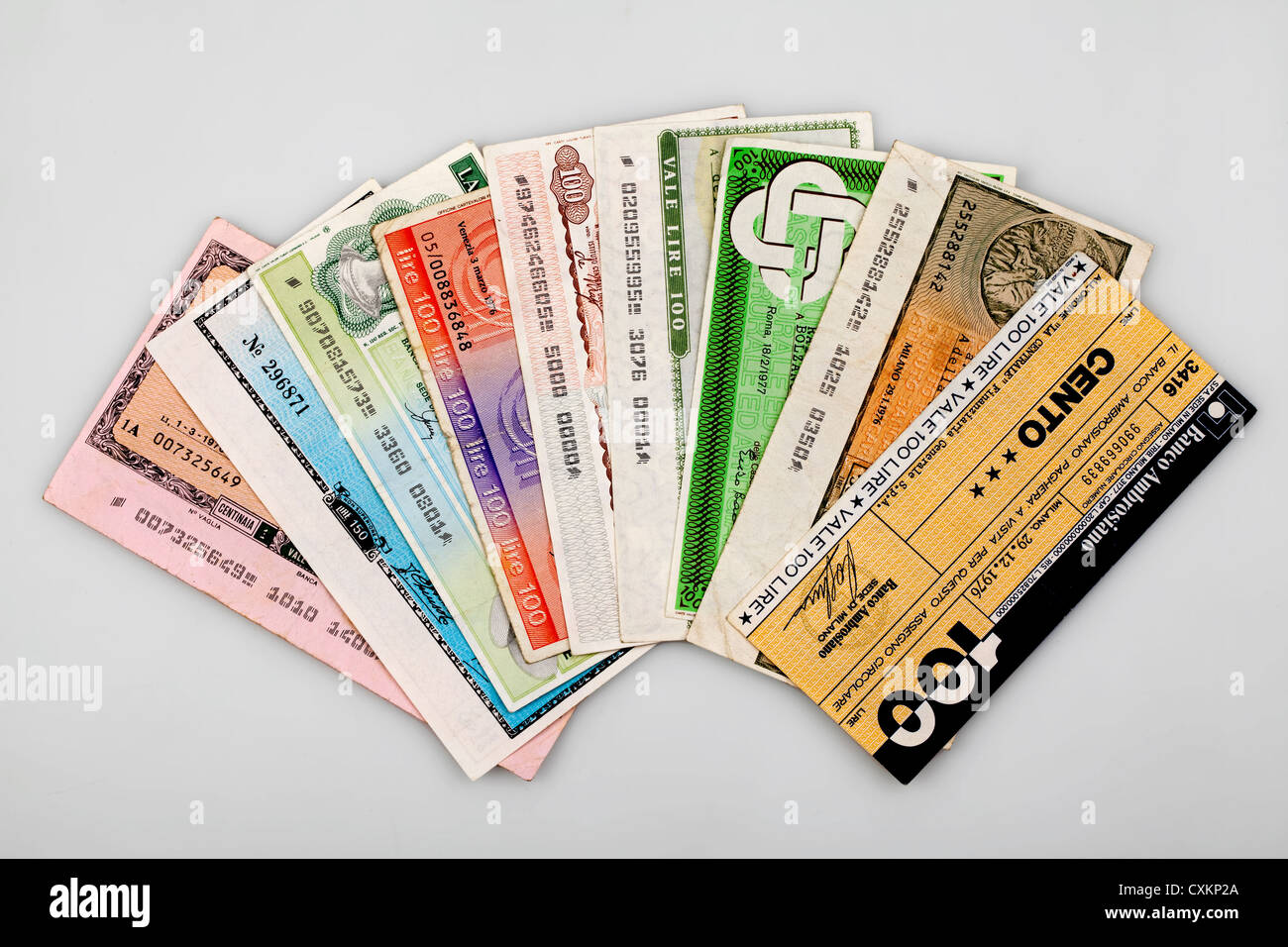 Miniassegni, italienische Banküberweisung, Postanweisung mit einem niedrigen Wert, Il Banco Ambrosiano, Mailand Stockfoto