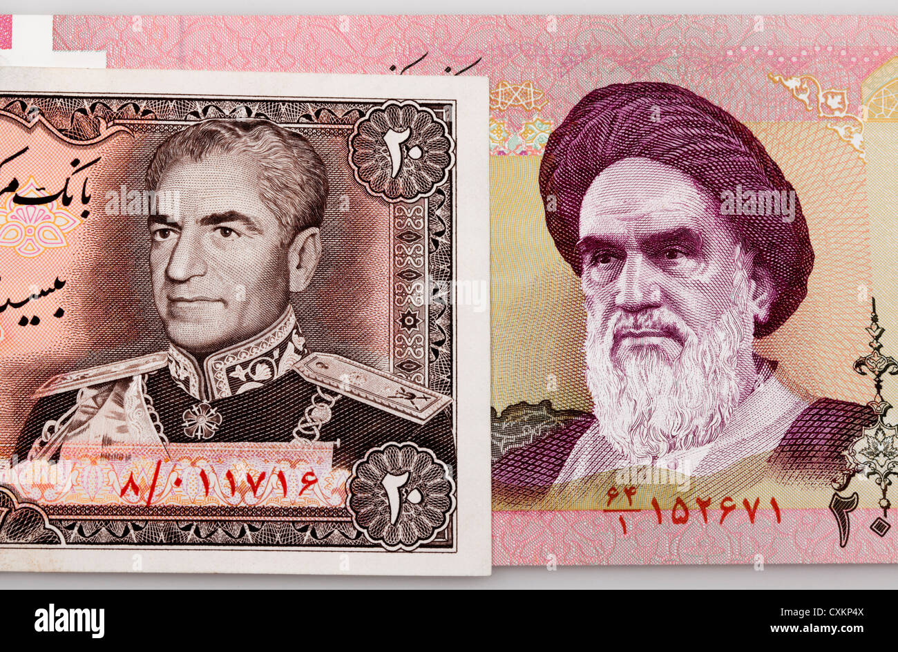 historische Geldscheine aus dem Iran mit Porträts von Schah Mohammad Reza Pahlavi und Ruhollah Khomeini, Stockfoto