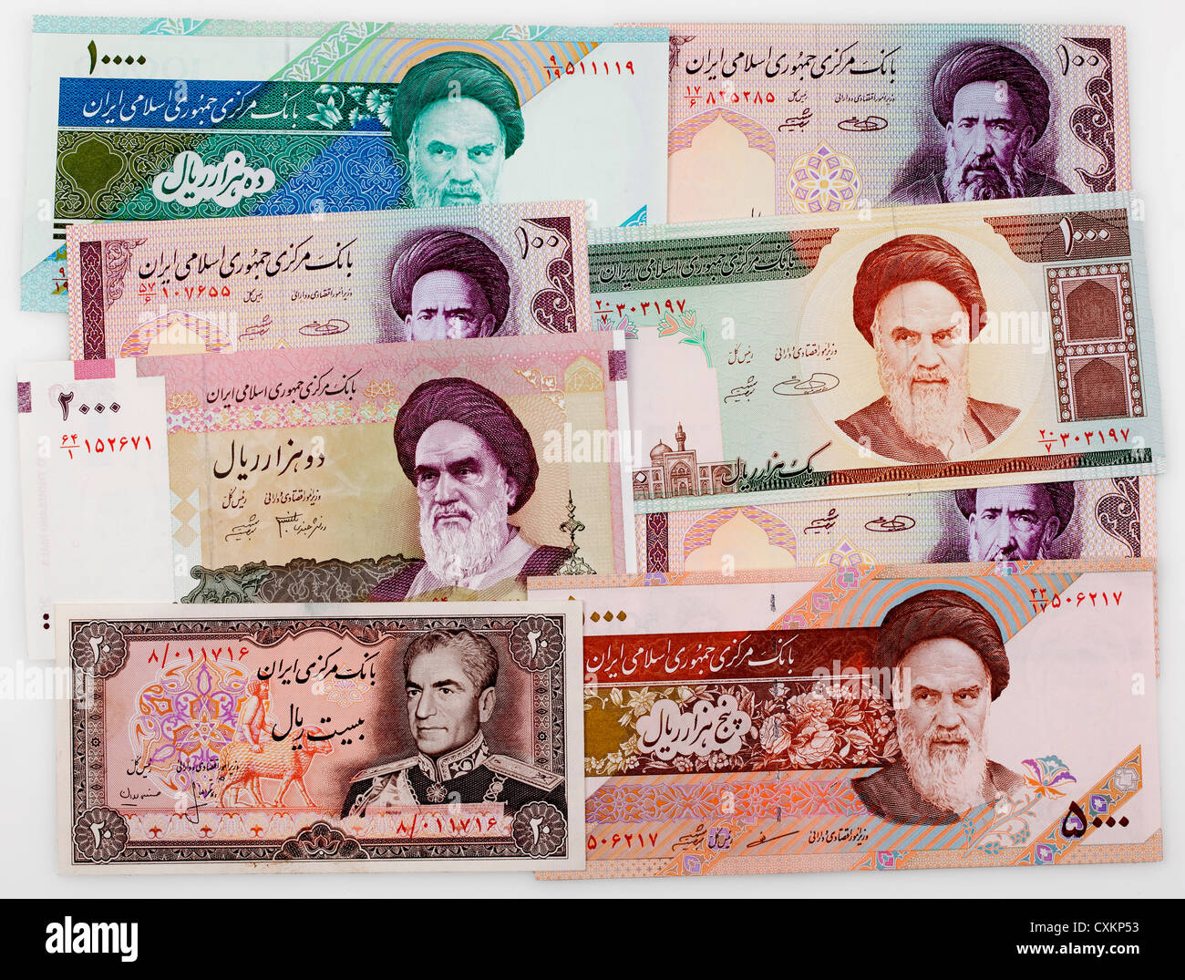historische Geldscheine aus dem Iran mit Porträts von Schah Mohammad Reza Pahlavi und Ruhollah Khomeini, Stockfoto