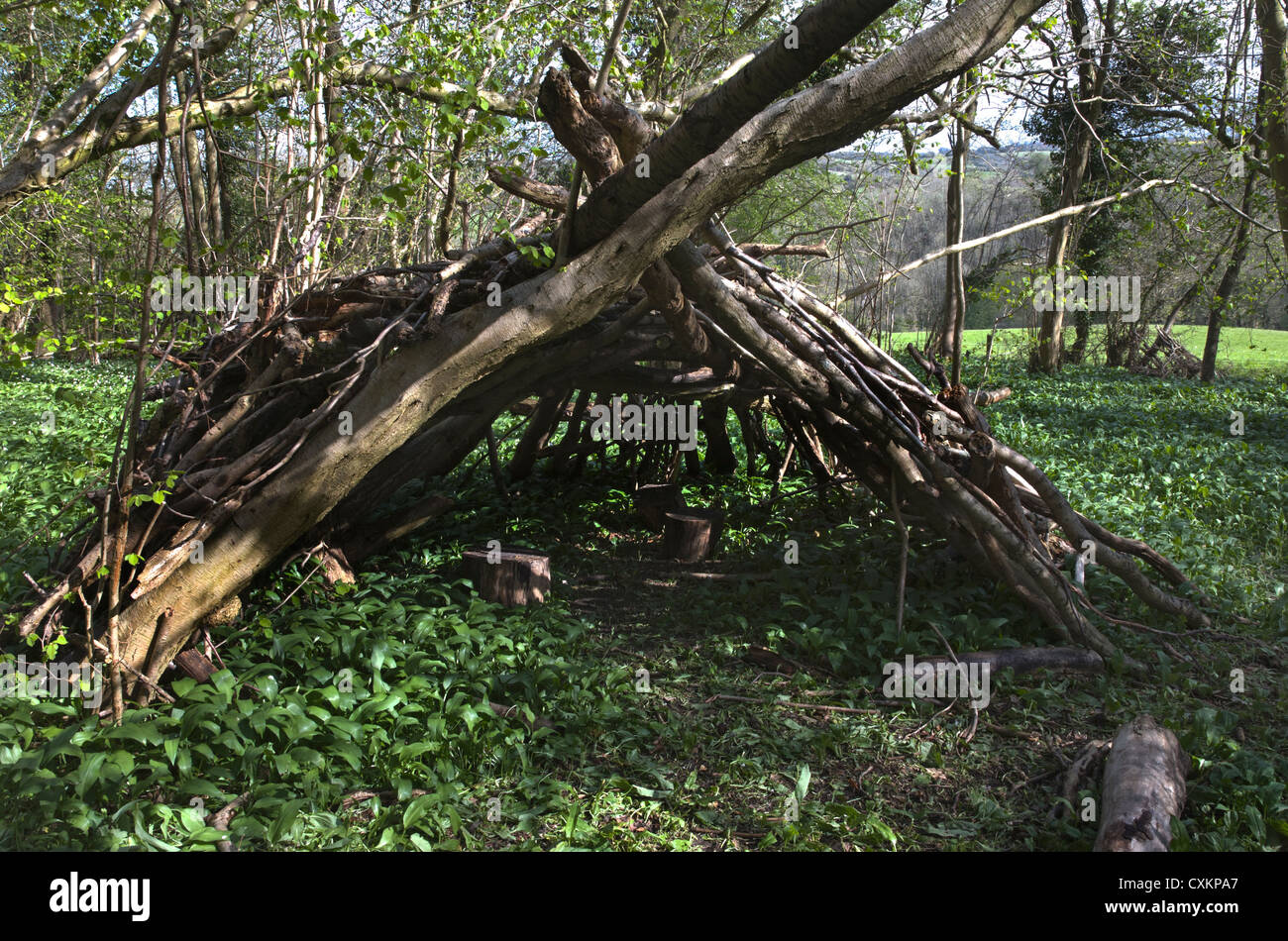 Vorübergehende provisorische Biwak aus Wald Schutt gemacht. Stockfoto