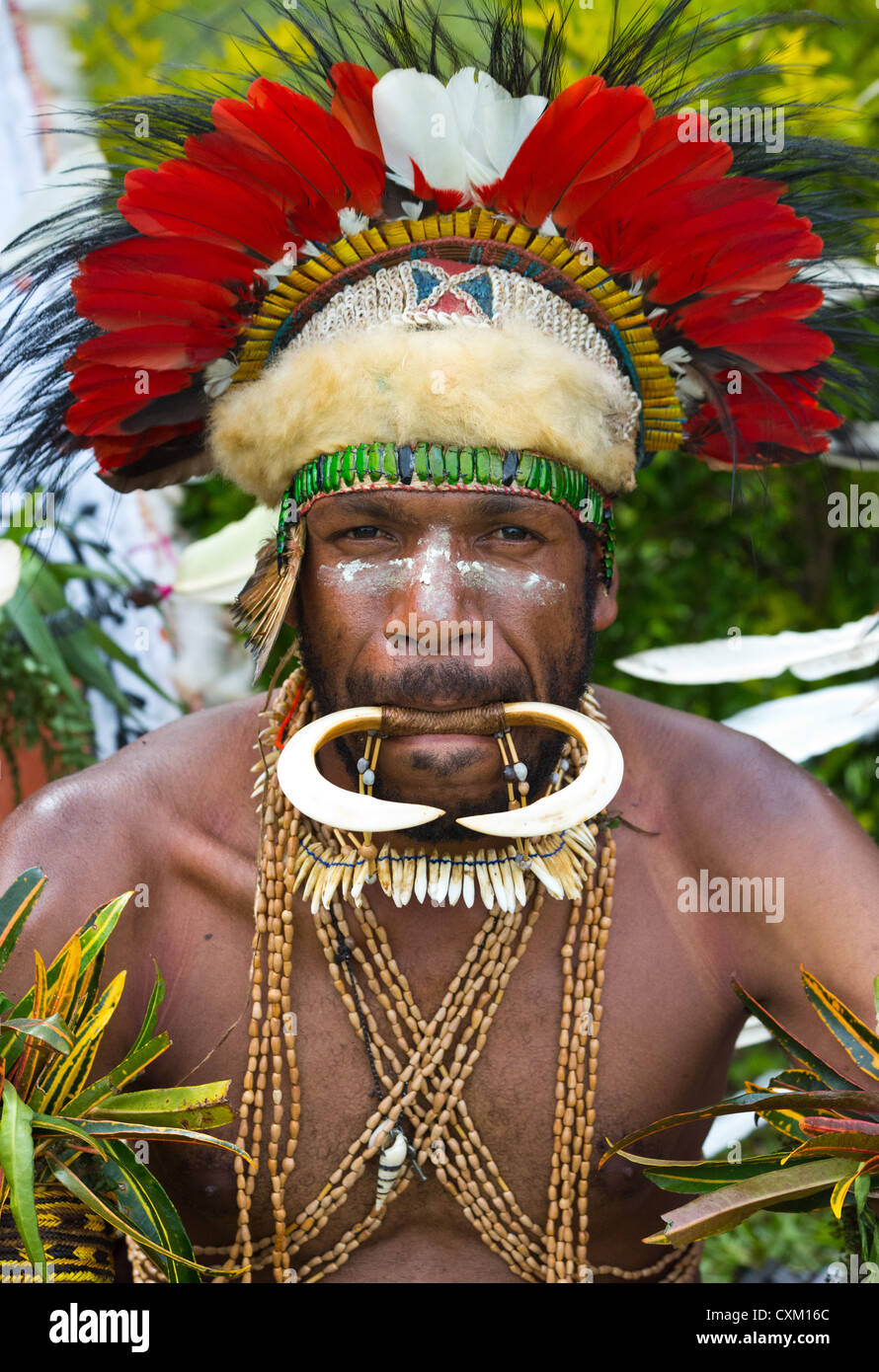 Porträt eines Mannes mit seinem Gesicht gemalt an der Singsing Goroka Festival, Papua New Guinea Stockfoto