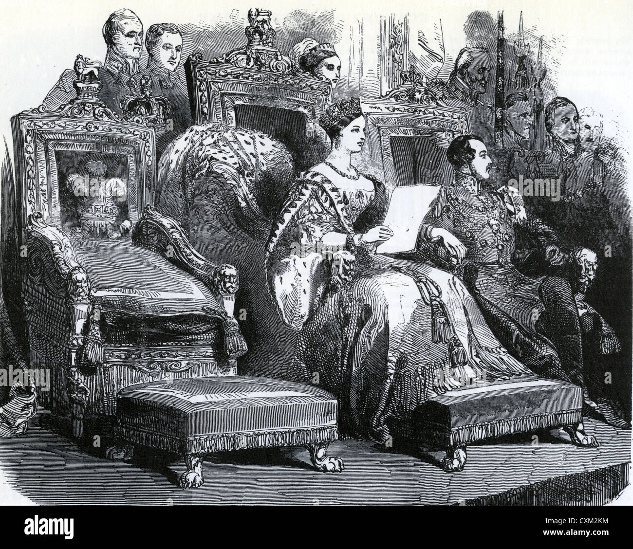 PARLAMENTSERÖFFNUNG Königin Victoria liest die königliche Rede im Januar 1846 mit Prinz Albert neben ihr Stockfoto