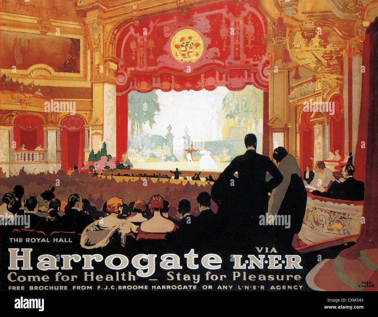 HARROGATE, England als Reiseziel Schienen in einem Poster von Fred Taylor um 1930 Stockfoto