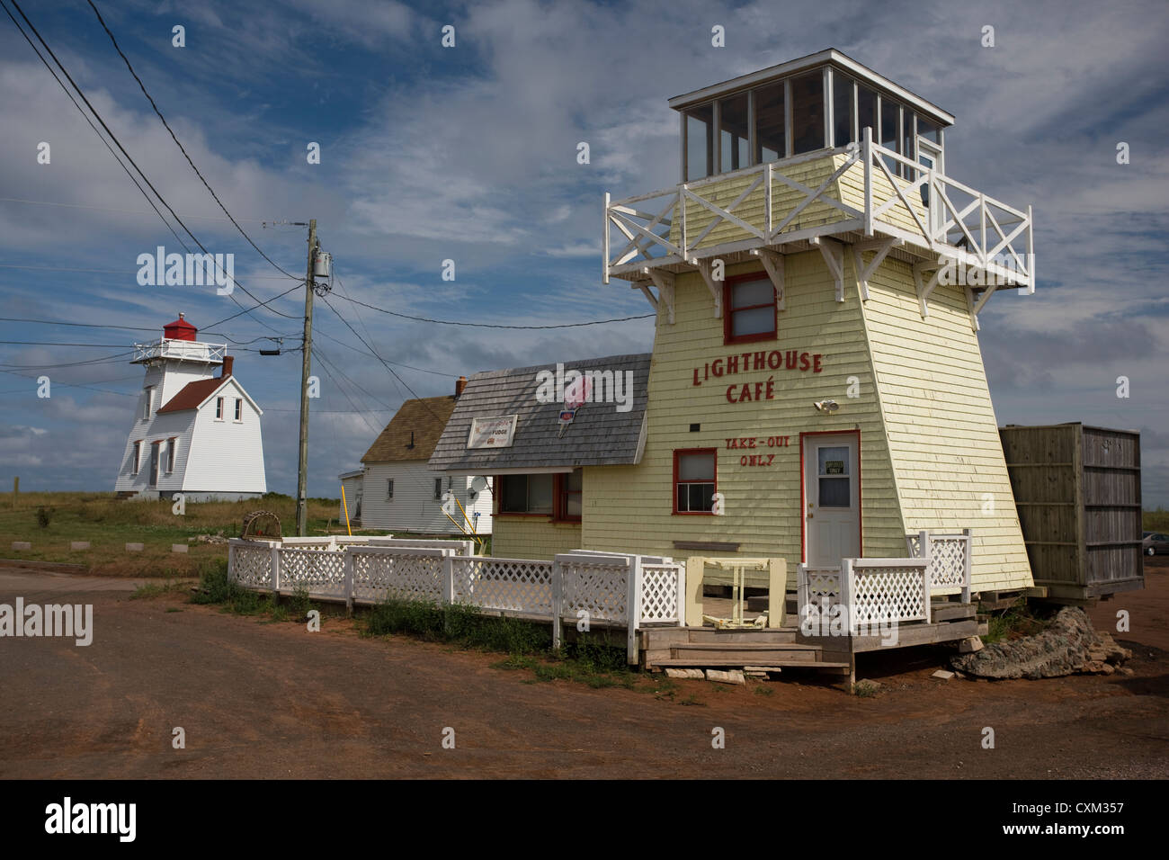 Leuchtturm und Lighthouse Cafe im Rustico, Prince Edward Island, Canada Stockfoto