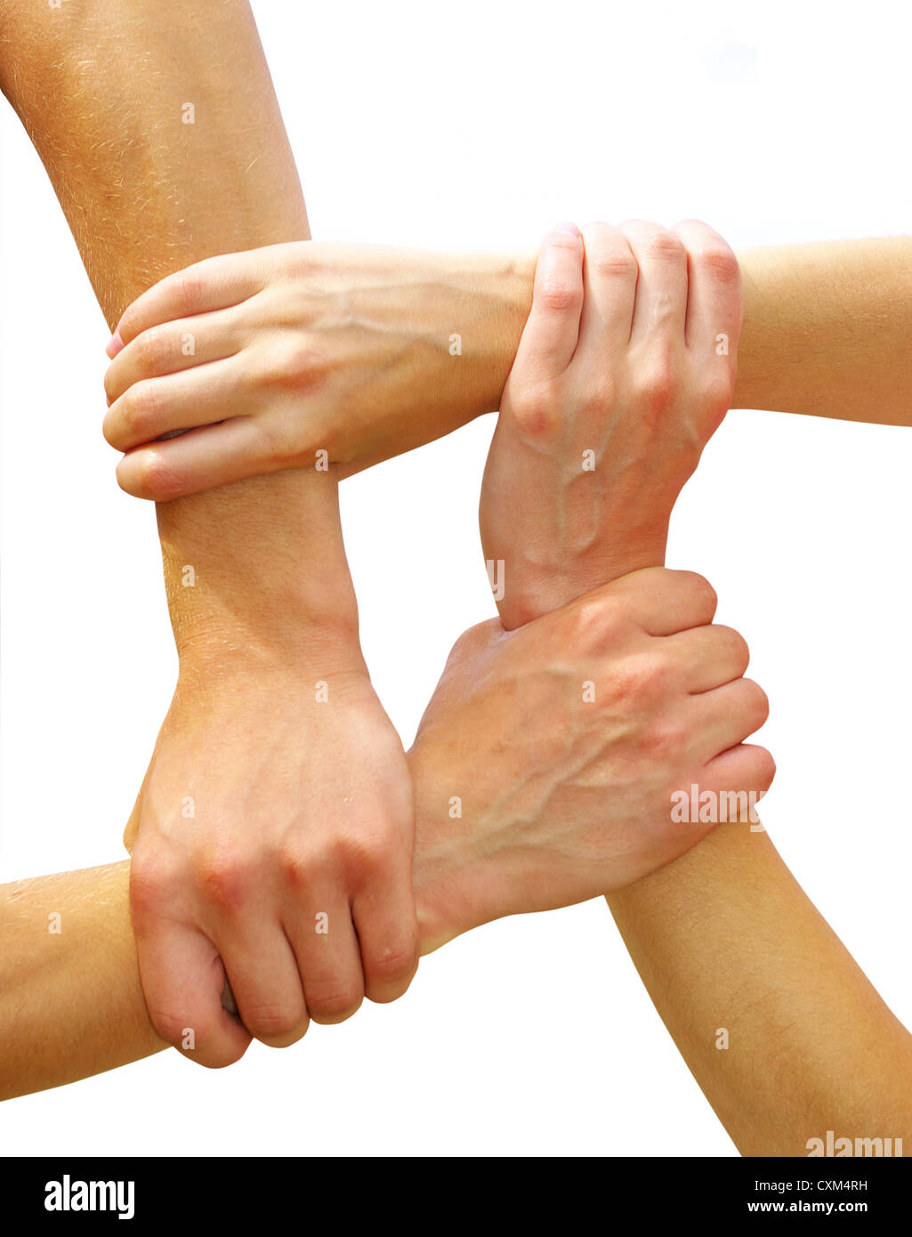 Verknüpfte Hände auf weißem Hintergrund Stockfoto