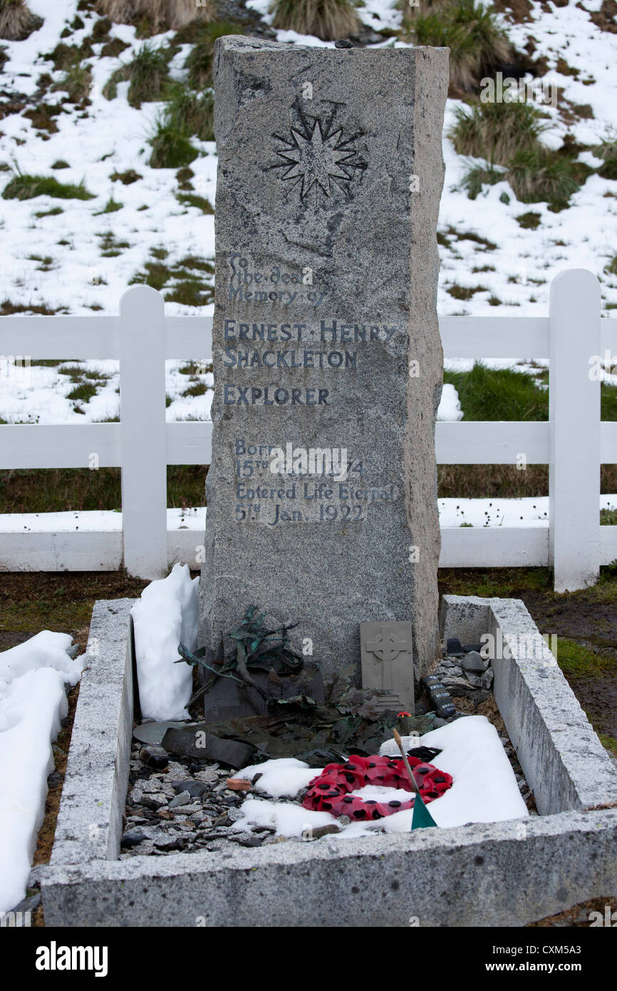 Die Grabstätte des Ernest Henry Shackleton in Grytviken, Südgeorgien Insel. Stockfoto