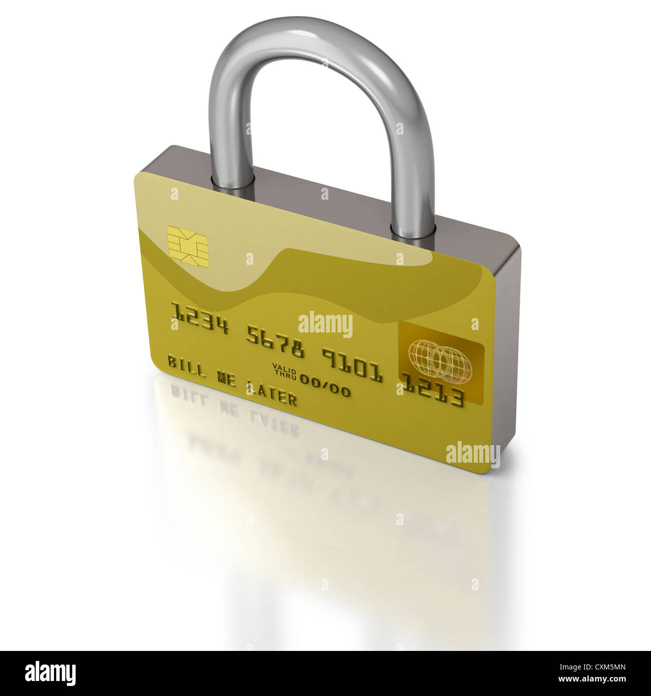 Sicheres gold Kreditkarte als starken Vorhängeschloss auf weißem Hintergrund dargestellt Stockfoto