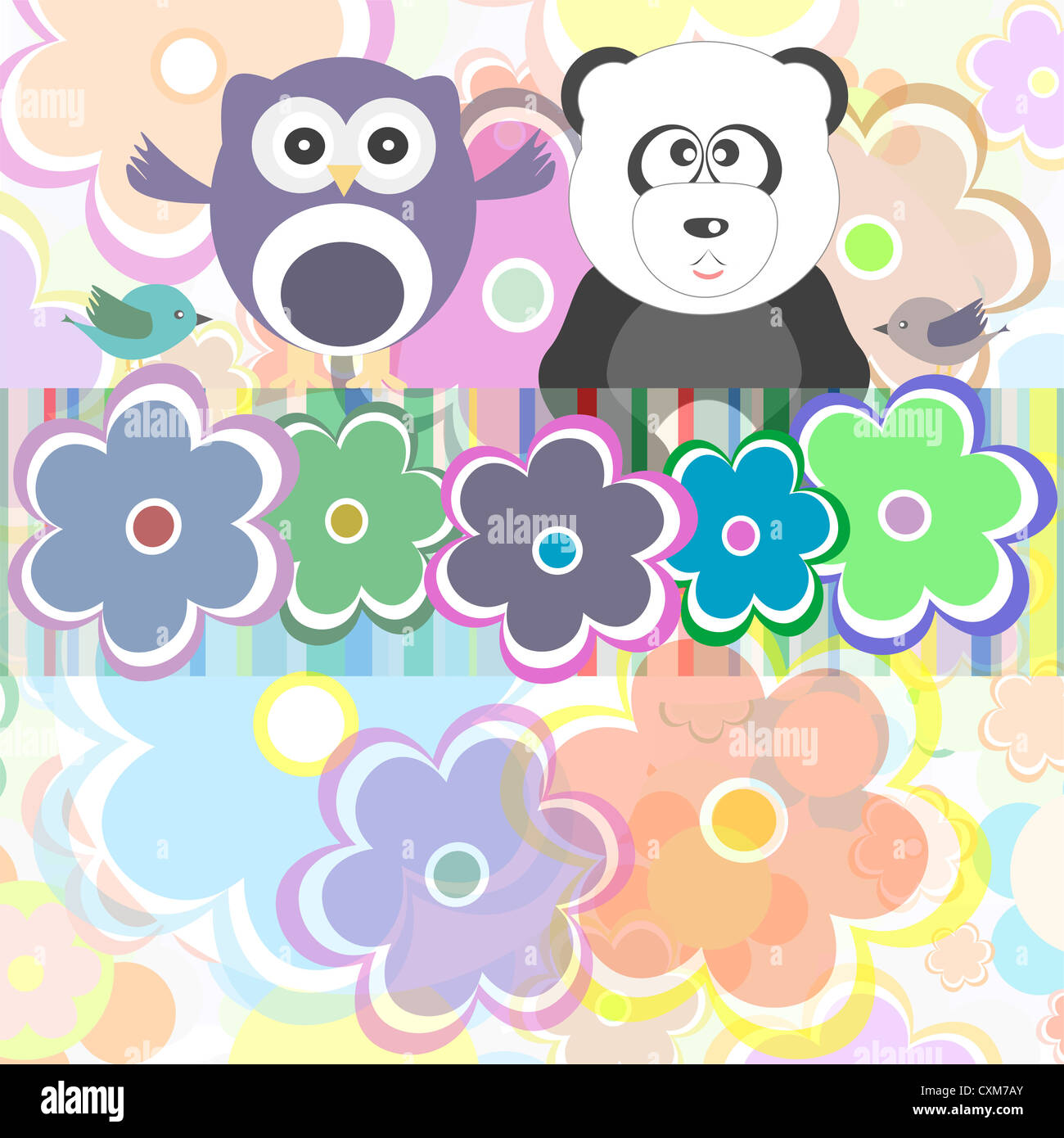 Hintergrund mit Blumen, Vögel, Eule und sitzen auf den Blüten - Baby junge und Mädchen Urlaub Einladungskarte-Panda-Bären Stockfoto