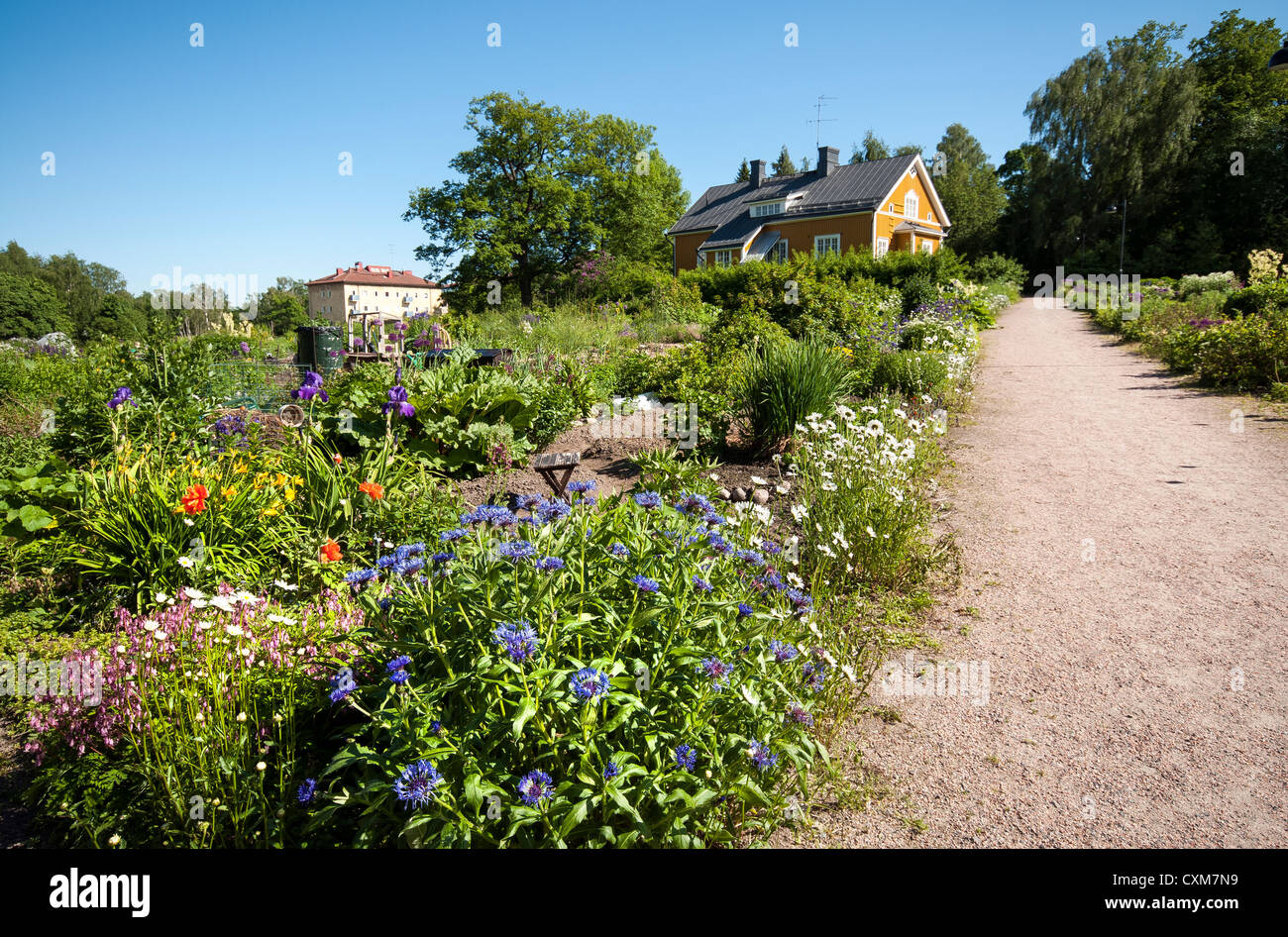 Traditionellen finnischen Holzhaus und Zuteilung in Annala Gärten in Arabien, Helsinki, Finnland Stockfoto