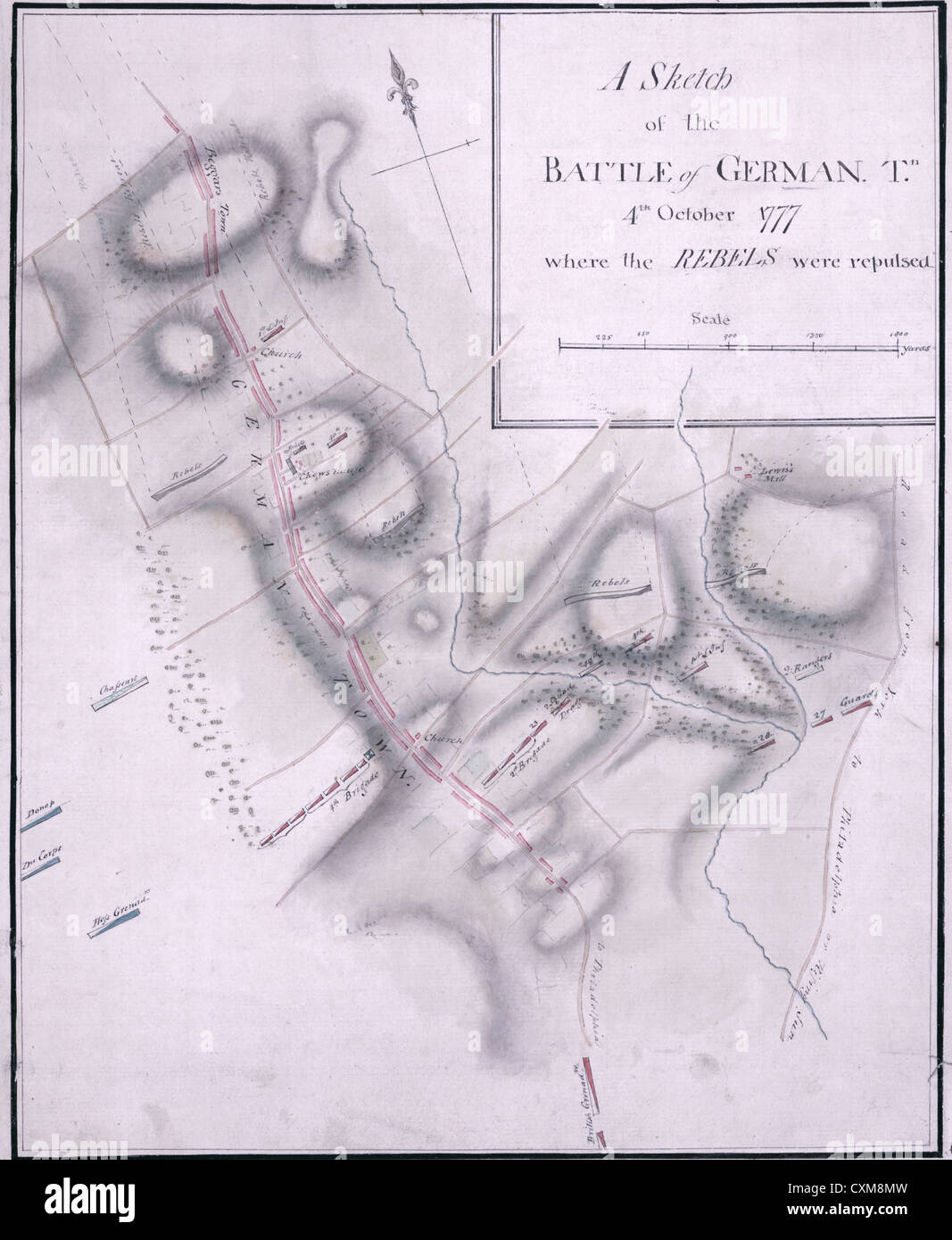 Ordnen Sie eine Skizze der Schlacht von Germantown, 4. Oktober 1777, wo die Rebellen zurückgeschlagen wurden. Unabhängigkeitskrieg der USA Stockfoto