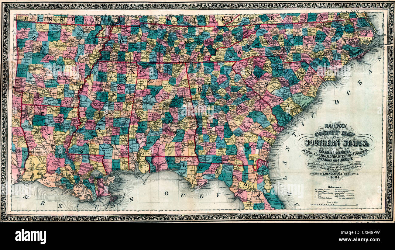 Eisenbahn und Kreiskarte der Südstaaten der Vereinigten Staaten von Amerika, 1864 Stockfoto