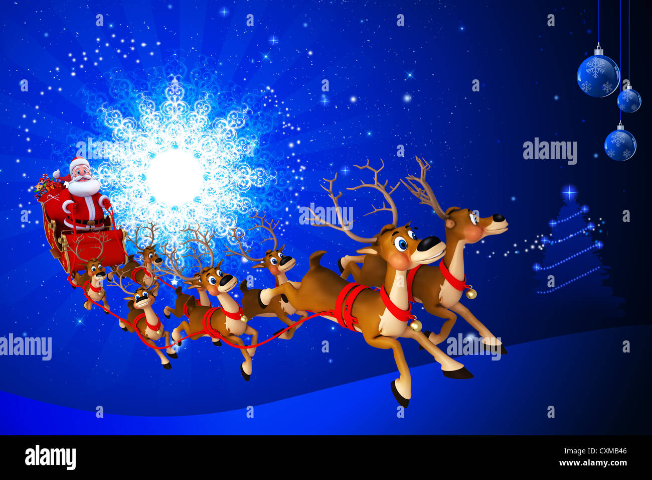 Santa Claus mit seinem Schlitten und Mond Stockfoto