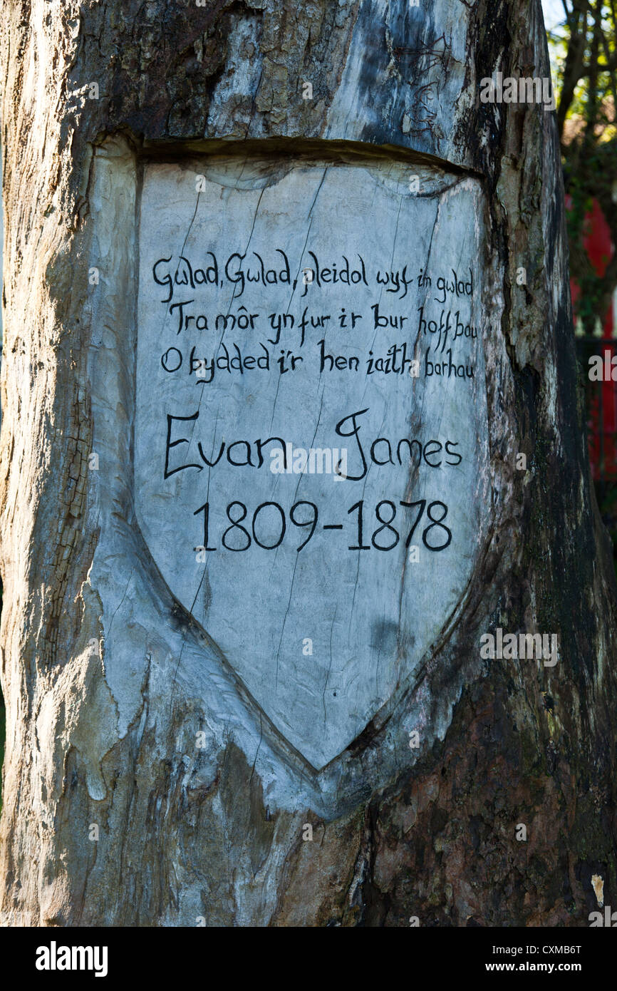 Toter Baum geschnitzt in Drachen mit Gedenktafel für Evan James 1809 - 1878 Autor der Wörter zu walisischen Nationalhymne. Stockfoto