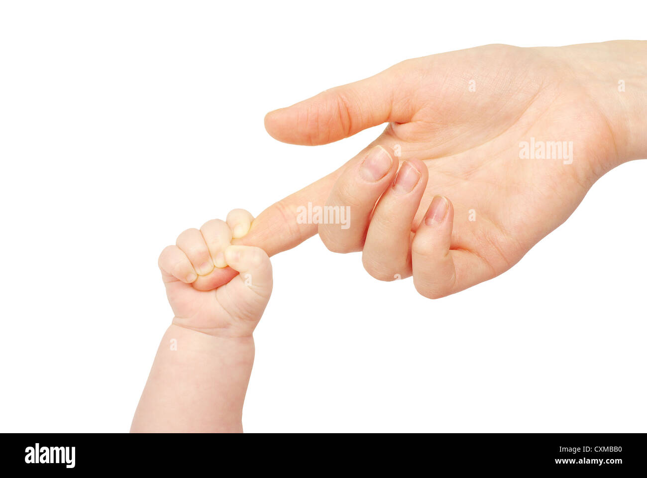 Baby Hand, die Mutter Finger isoliert auf weiss Stockfoto