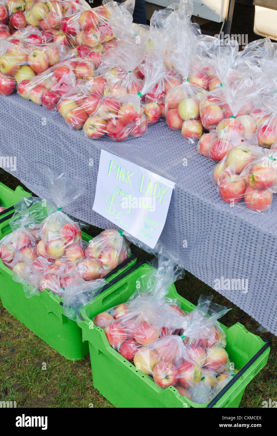 Pink Lady Äpfel zum Verkauf an einem Stall in der Margaret River Landwirte vermarkten, Margaret River, Western Australia Stockfoto