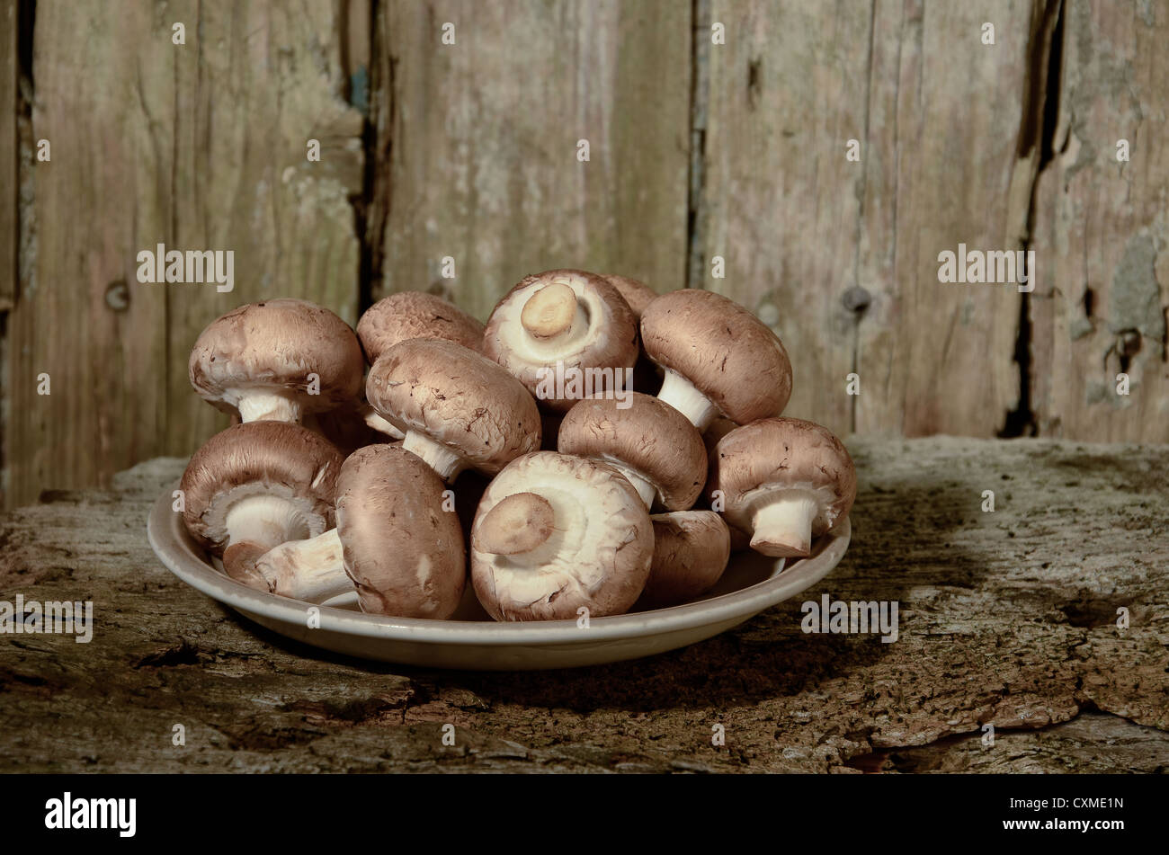 Bio Pilze produzieren braune Champignons roh in einem Teller bereit mit Gabel bereit, alte Tisch gegessen Nahrung gekocht werden abgeholt Stockfoto