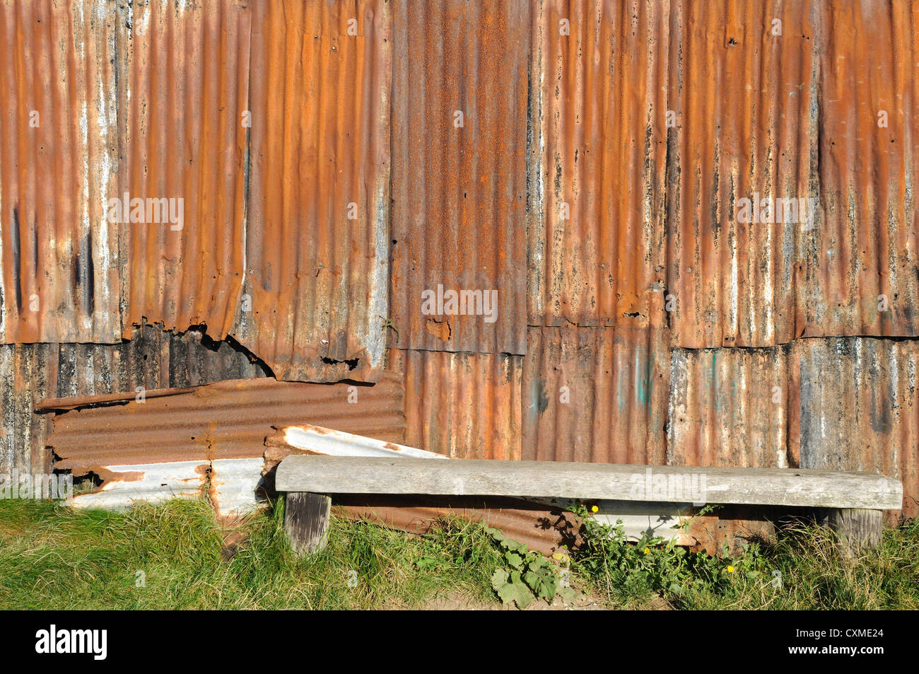 Holzsitz und rostigen gewellten Zink Wand ein altes Boot Schuppen Osten Flotte Dorset England UK GB Stockfoto