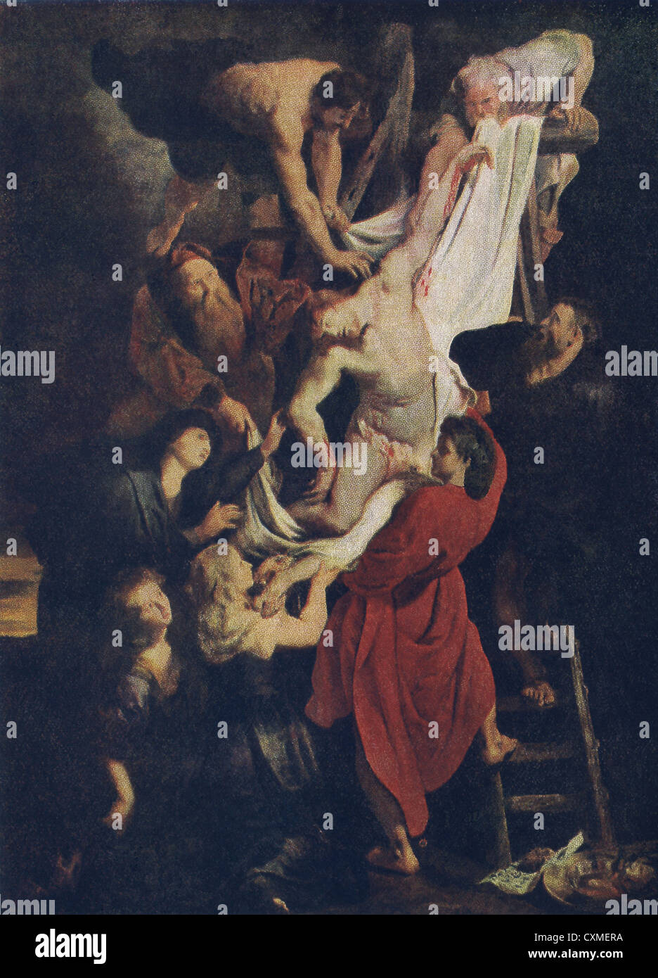 Dieses Gemälde mit dem Titel der Kreuzabnahme ist vom flämischen Barock Künstler Rubens in seiner realistischste Stimmung. Stockfoto