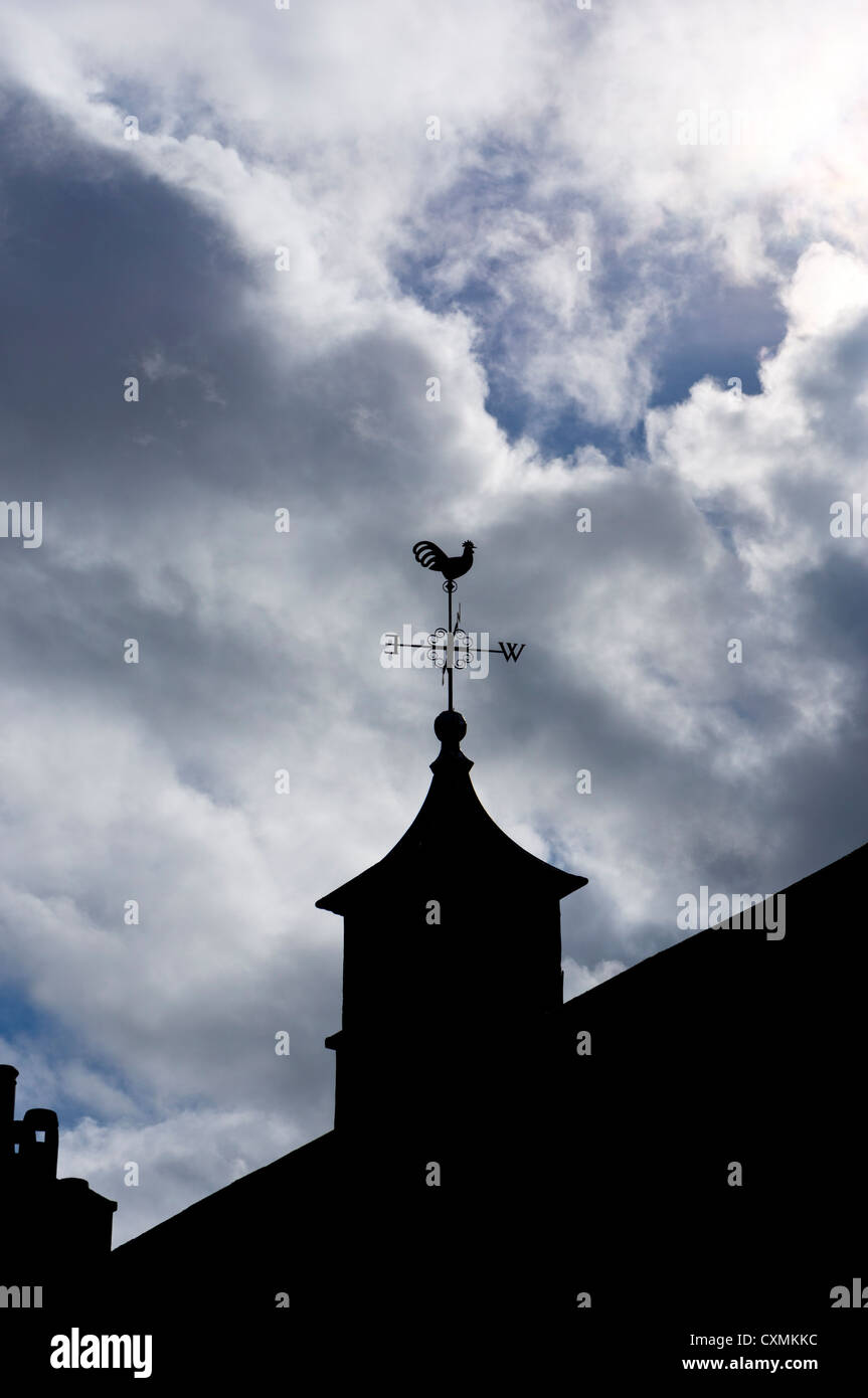 Eine Wetterfahne auf einem Turm ist gegen ein bewölkter Himmel abhebt. Stockfoto