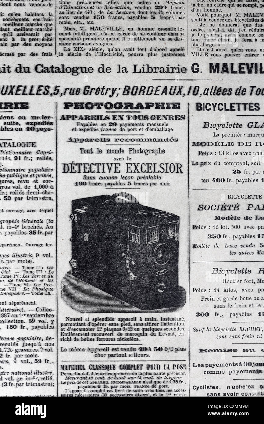 Le Petit Journal 1897 Werbung für "Detektiv Excelsior" Kamera Stockfoto