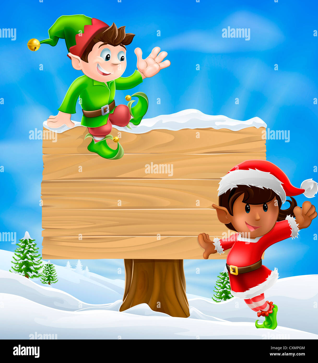 Saisonale Cartoon von zwei Weihnachtswichteln und ein Zeichen im Schnee mit Weihnachtsbäumen im Hintergrund. Stockfoto