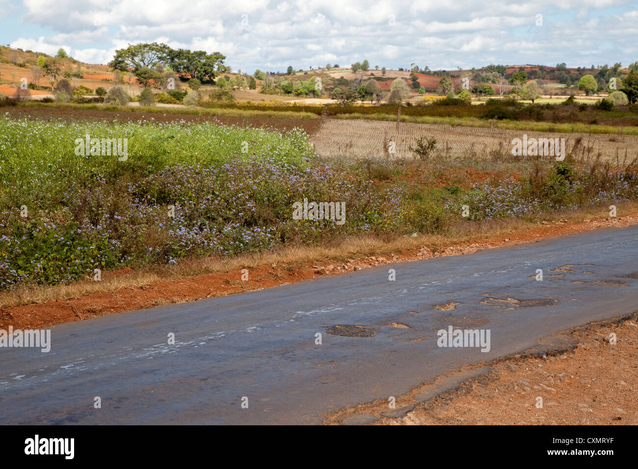 Myanmar, Burma. Shan-Staat asphaltierten Straße, Bauernhöfe im Hintergrund. Stockfoto