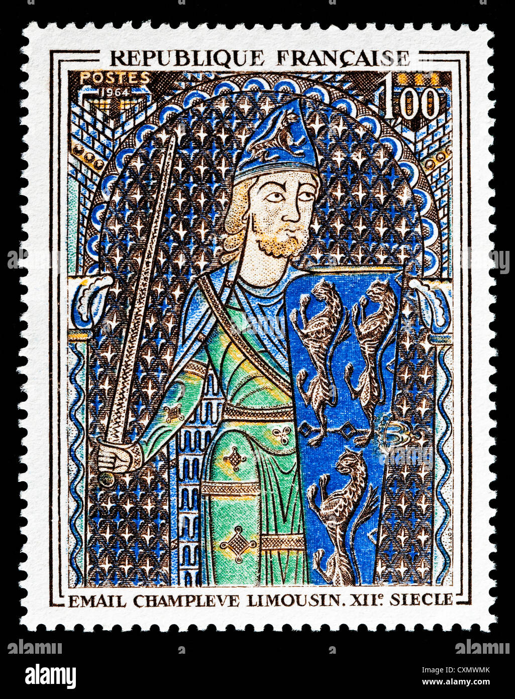 Ungenutzte 1964 französische Briefmarke "Geoffroi IV le Bel" in Glaskörper Schmelz darstellt. Stockfoto