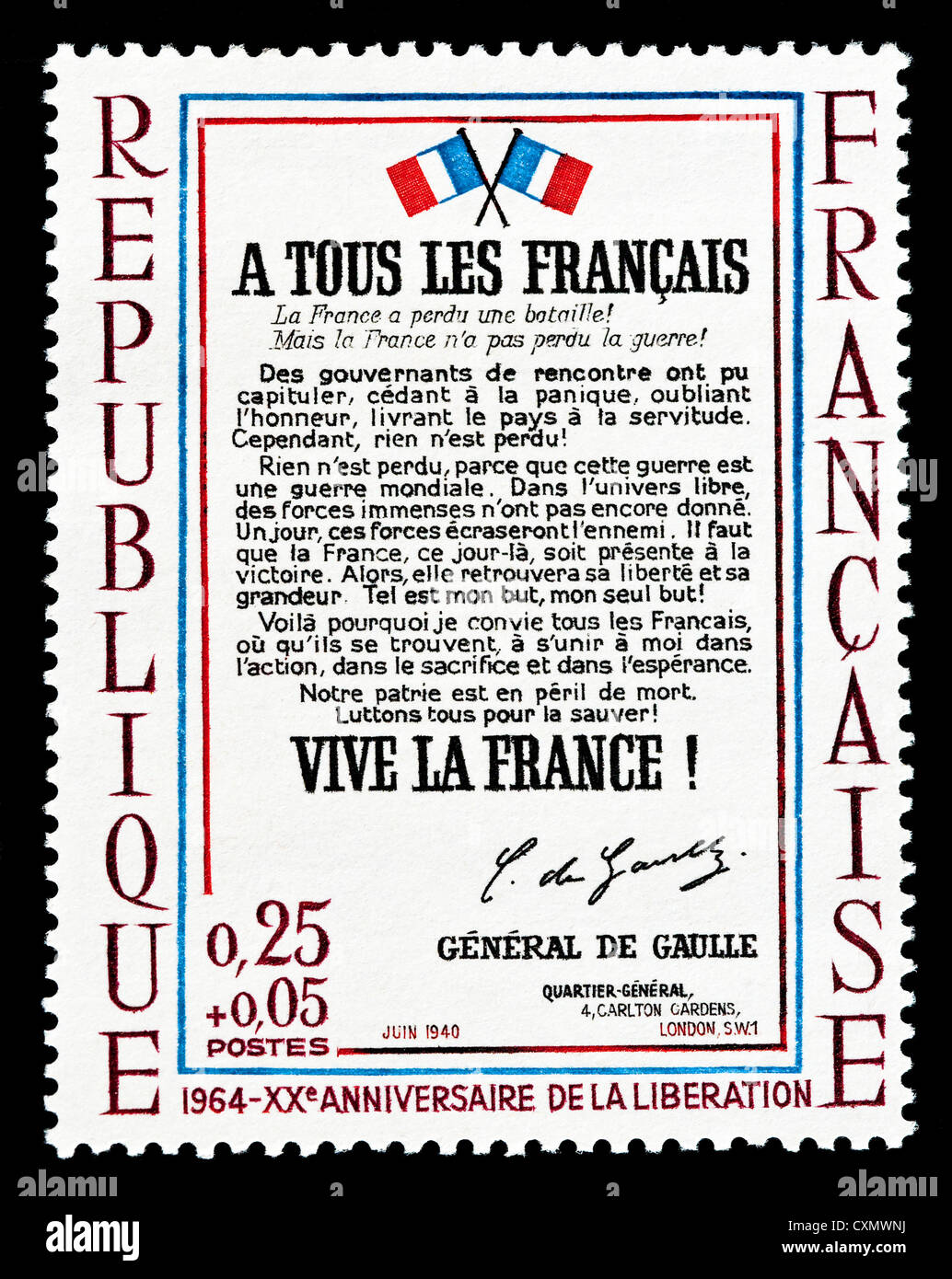 Ungenutzte 1964 französische Briefmarke Darstellung "Tous Les Francais" Erklärung von General de Gaulle. Stockfoto