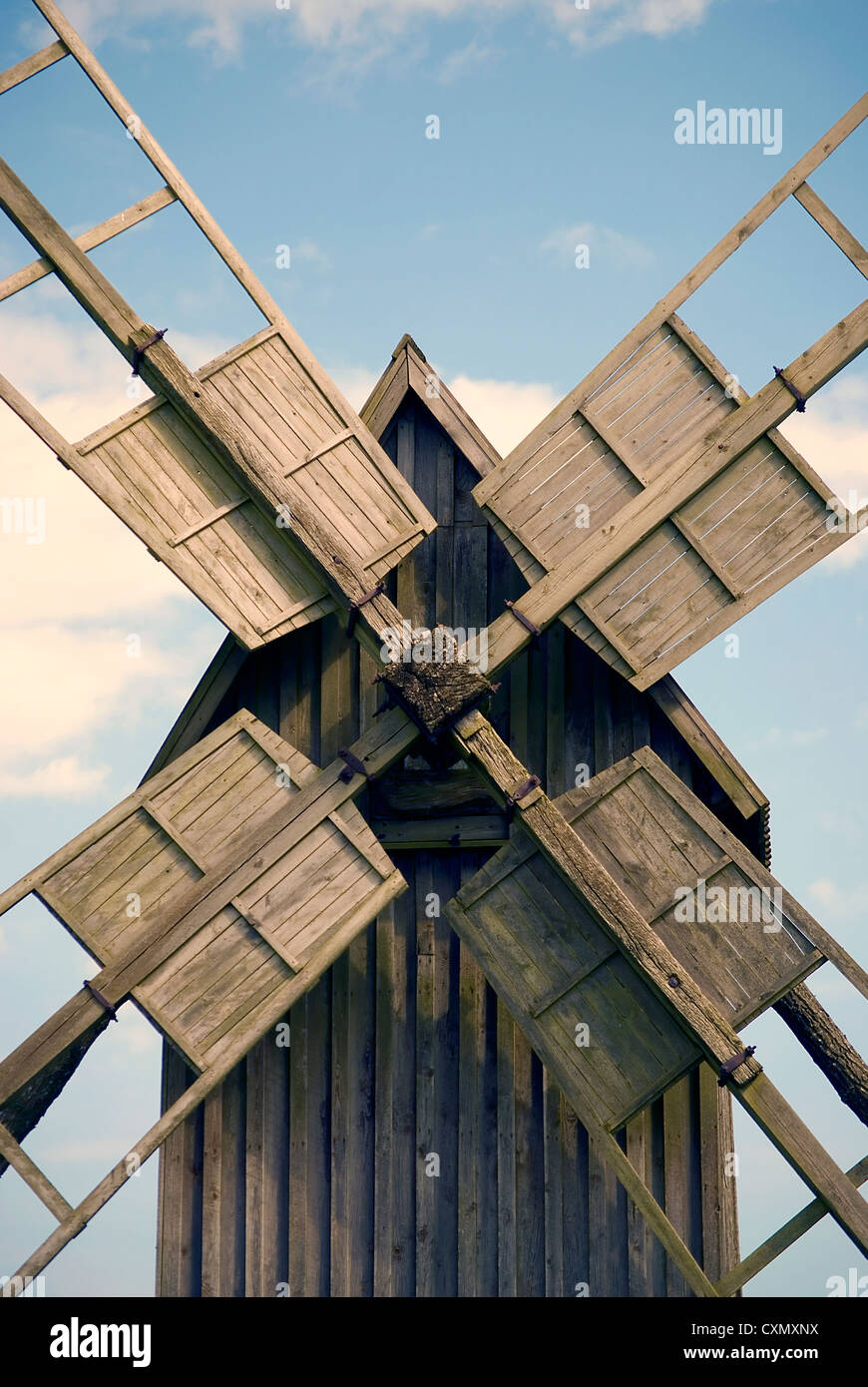 Nahaufnahme der alten Windmühle auf der Insel Öland, Schweden Stockfoto