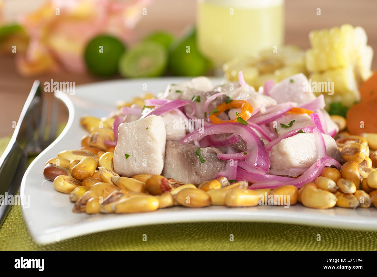 Peruanisch-Stil Ceviche aus roher Mahi-Mahi Fisch gemacht (Spanisch: Perico), roten Zwiebeln, Aji (peruanische Chili) Stockfoto