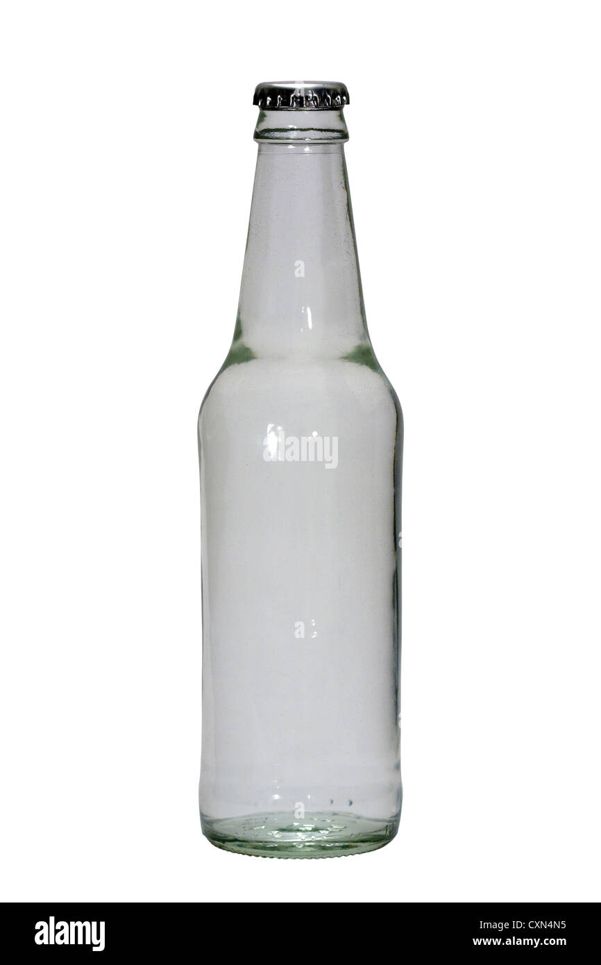Schneiden Sie aus. Durchsichtiger Glasflasche mit Silber Bottlecap auf weißem Hintergrund Stockfoto