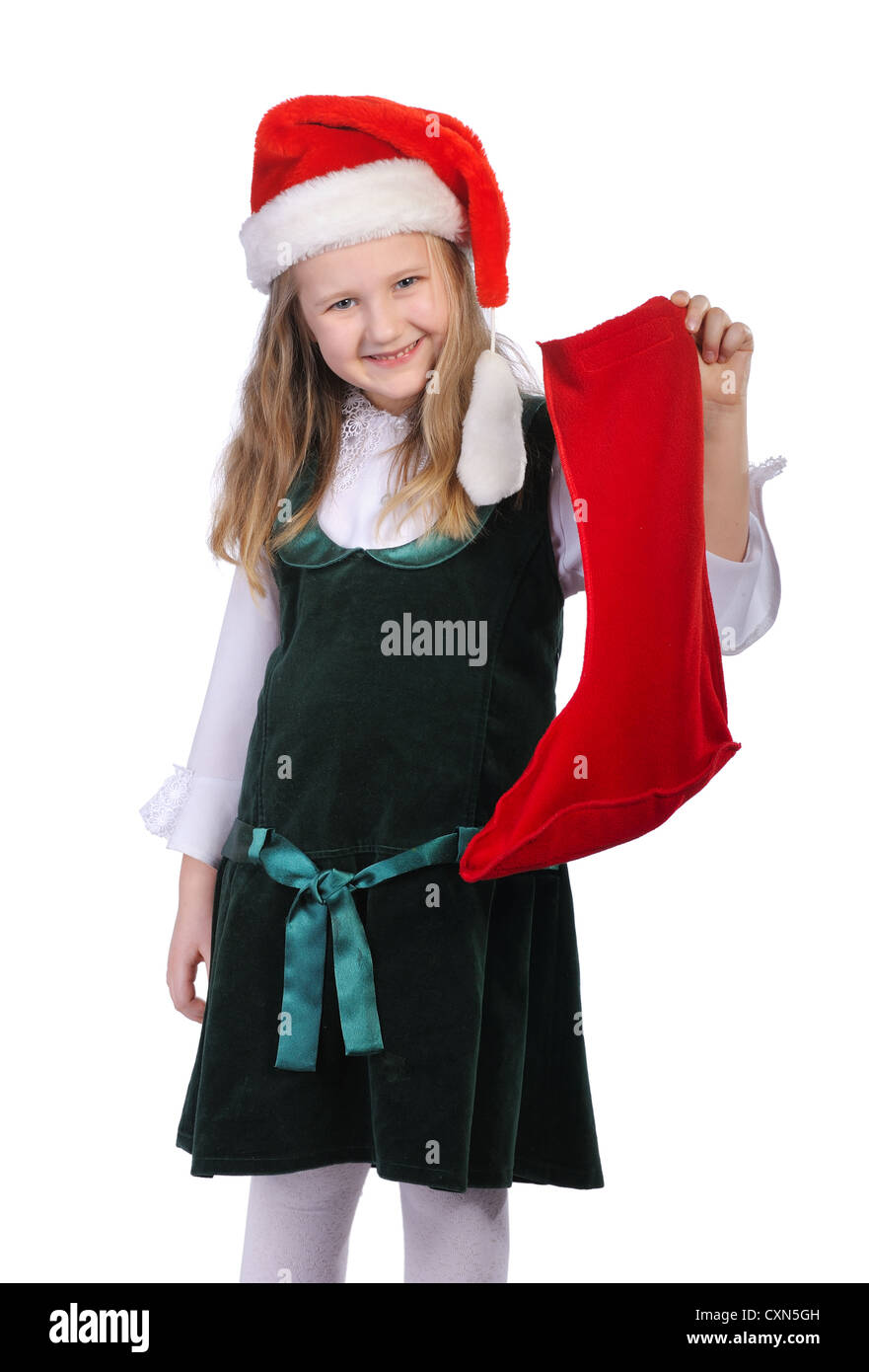 Mädchen mit rotem Hut und rote Socke, isoliert auf einem weißen Hintergrund. Stockfoto