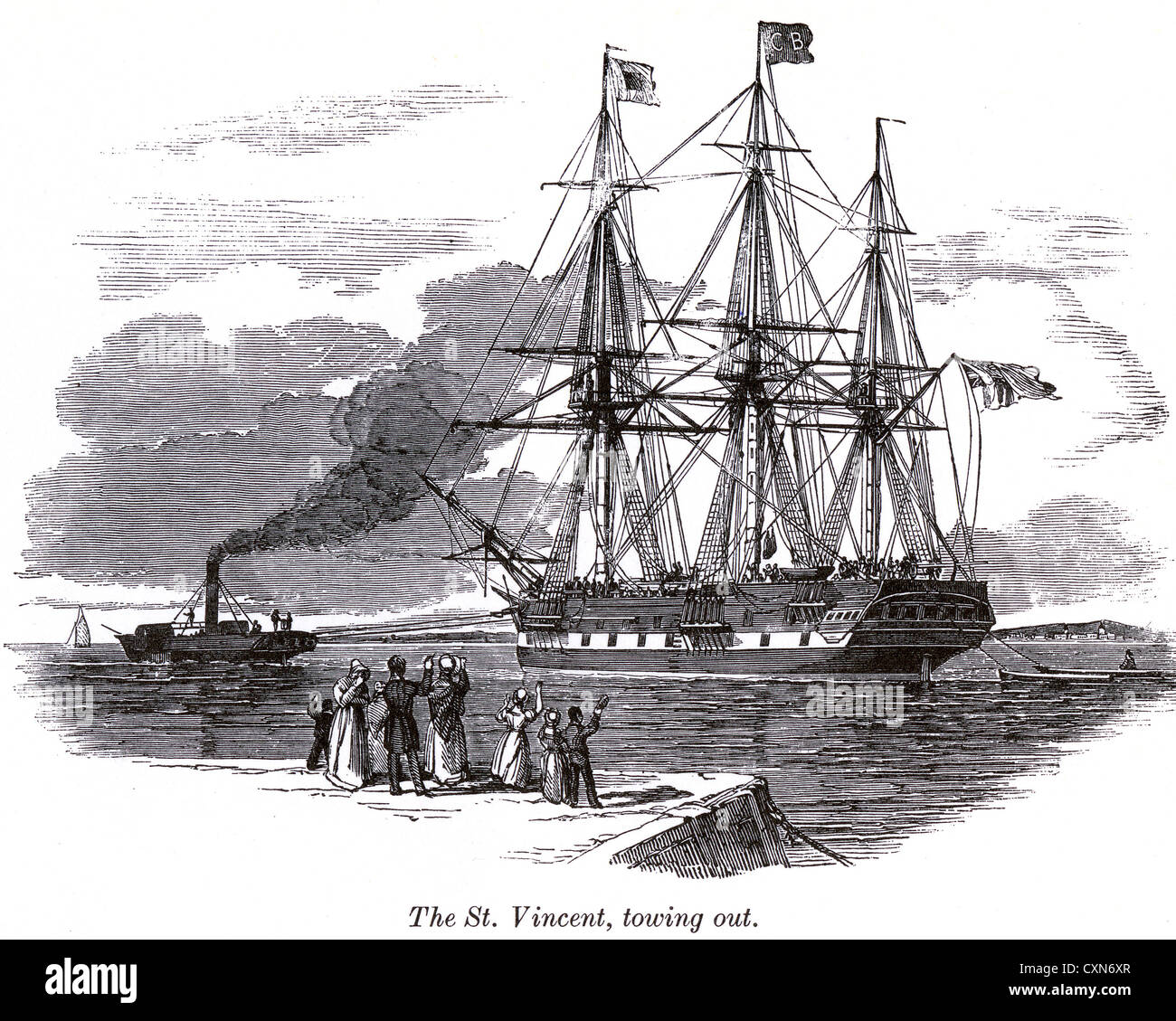 DIE ST. VINCENT abgeschleppt vom Plymouth Harbour beginnen ihre Reise nach Australien mit Auswanderern im April 1844 Stockfoto