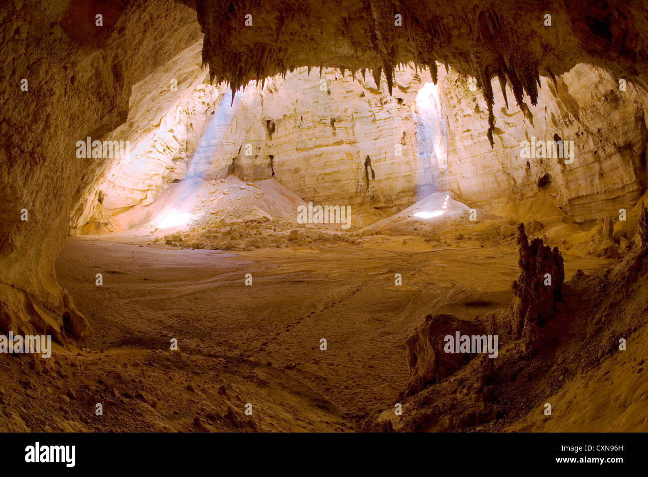 Stalaktiten, Stalagmiten und Muren in den Majlis Al Jinn, eines der weltweit größten Höhle Kammern, in Oman Stockfoto