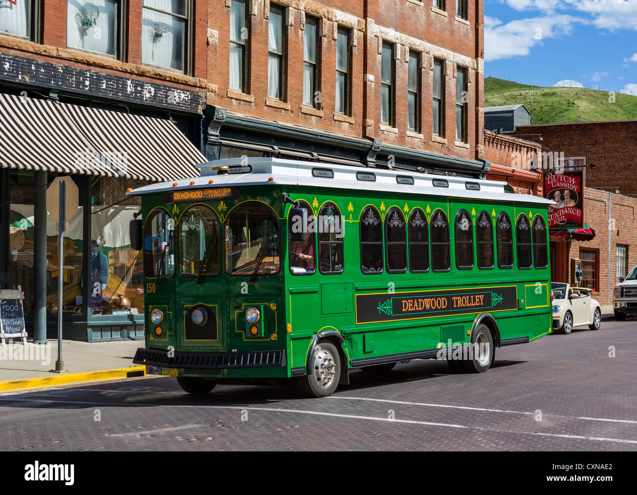 Deadwood Trolley auf Sherman Straße in der historischen Stadt Deadwood, South Dakota, USA Stockfoto