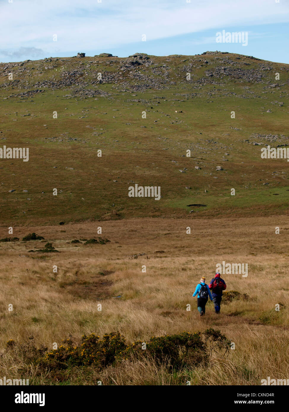 Mann und Frau zu Fuß auf Bodmin Moor, Cornwall, UK Stockfoto
