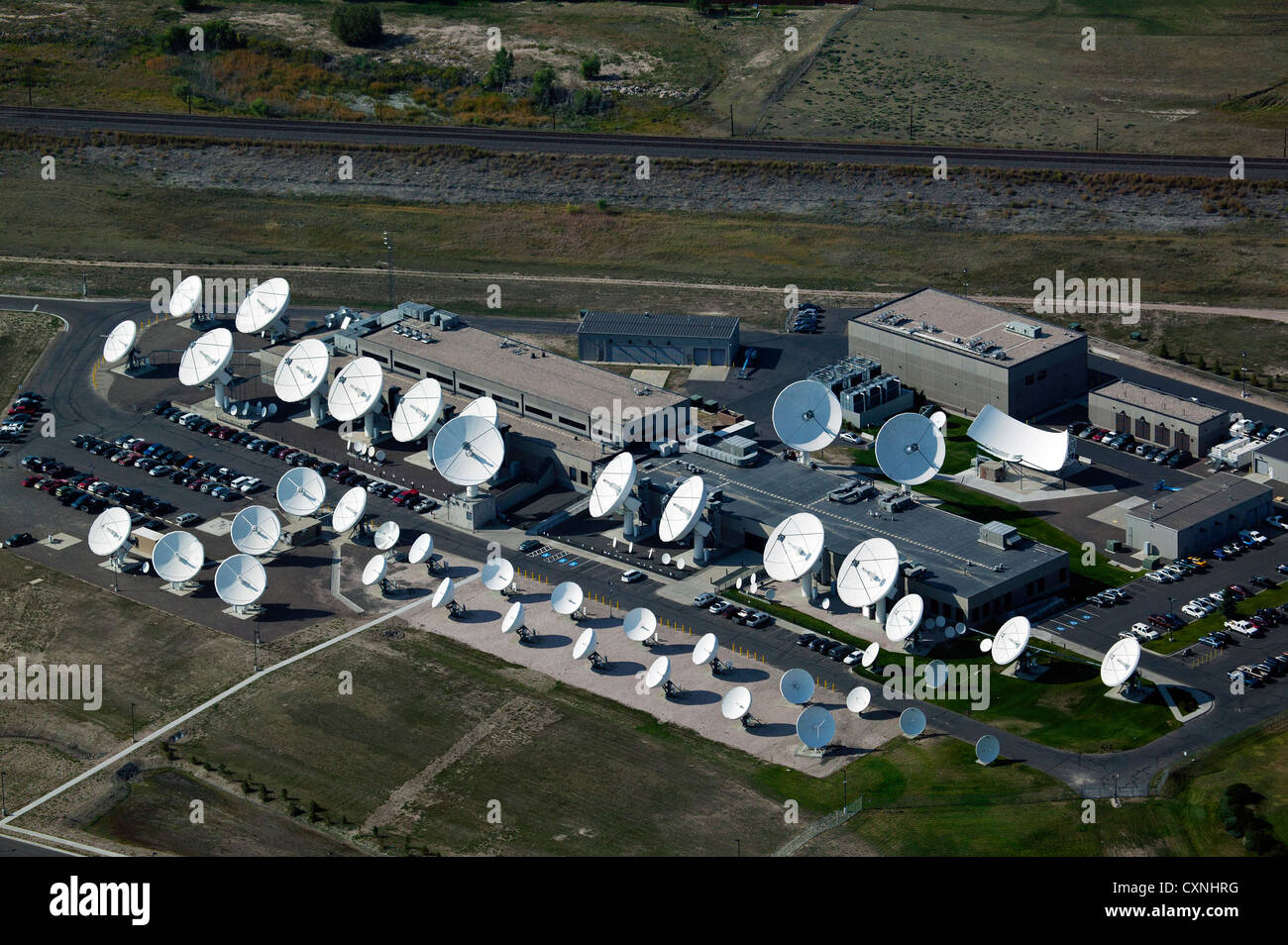 Luftaufnahme Antenne Satellitenschüssel Bauernhof Cheyenne, Wyoming Stockfoto