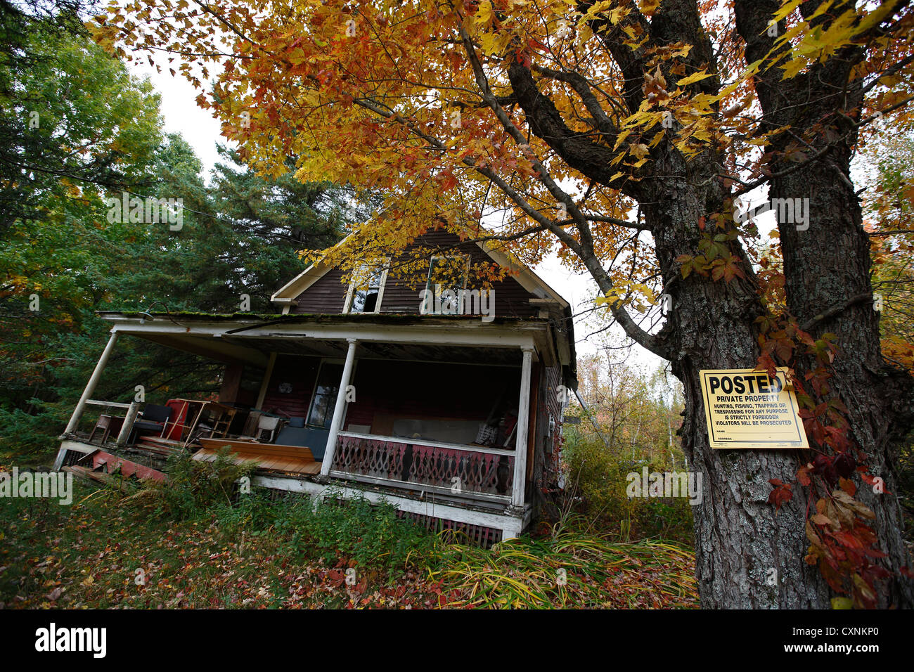 Herbstlaub und Haus in schlechtem Zustand, New Hampshire, USA Stockfoto