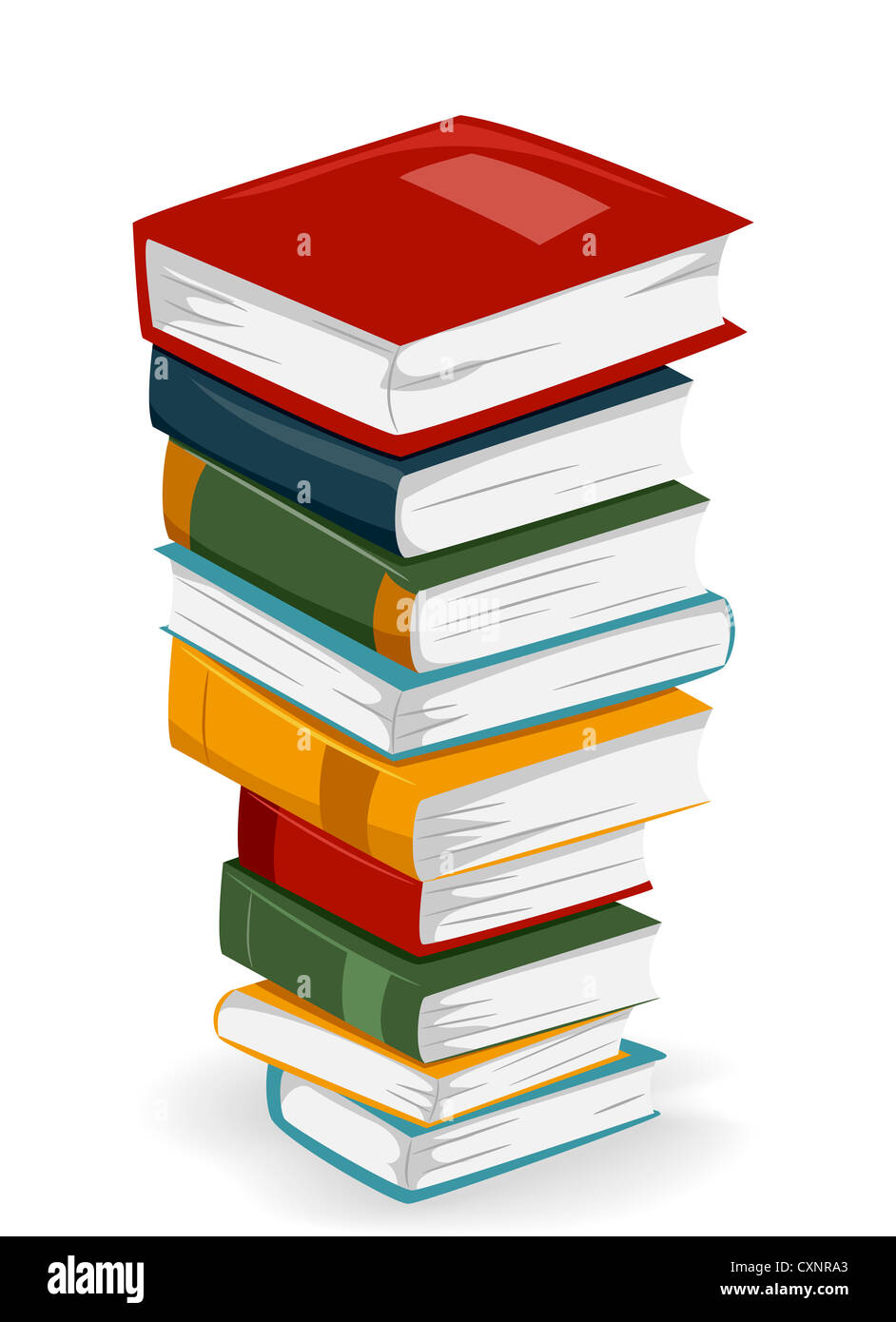 Abbildung aus einem hohen Stapel von Büchern mit verschiedenen Abdeckungen Stockfoto