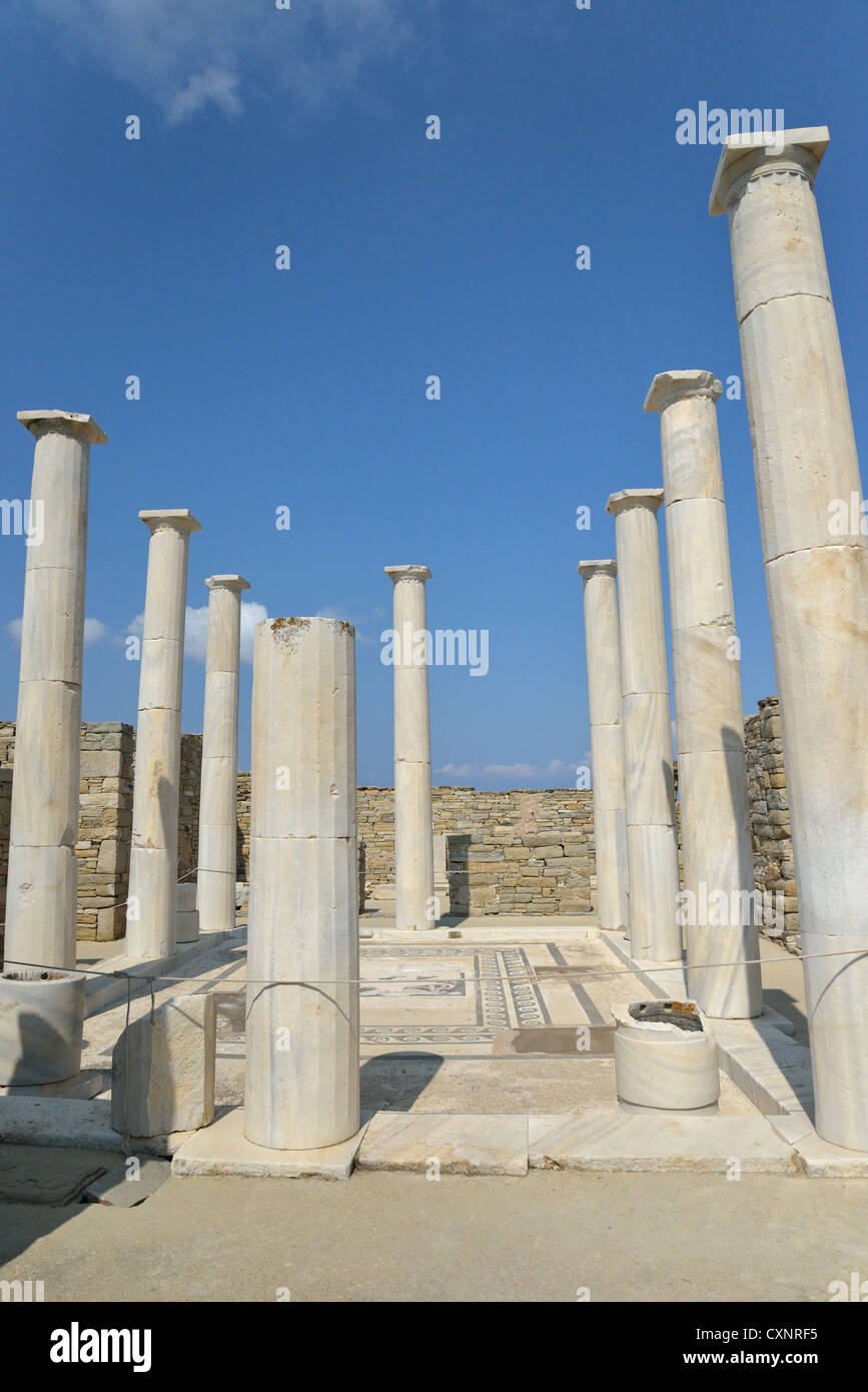 Bodenmosaik im Haus des Dionysos, archäologische Stätte von Delos, Delos, Cyclades, Süd Ägäis, Griechenland Stockfoto