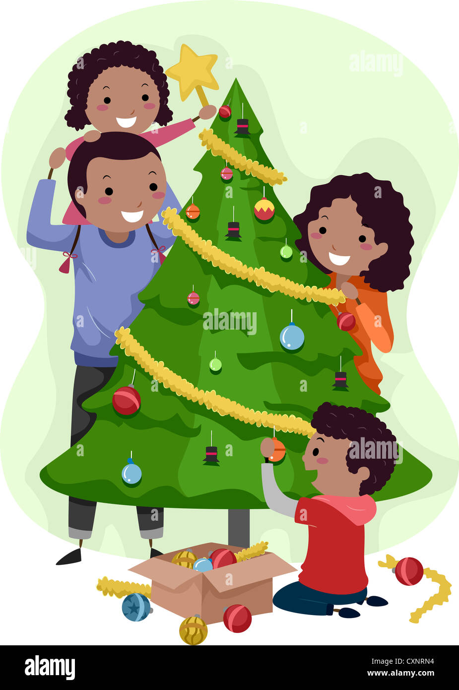 Abbildung einer Familie gemeinsam einen Weihnachtsbaum Dekoration Stockfoto