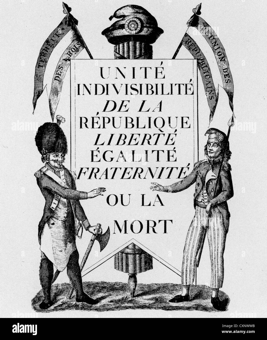 FRANZÖSISCHE REVOLUTION 1789-Poster mit der Formulierung "Untrennbare Einheit der Republik - Freiheit, Gleichheit und Brüderlichkeit oder Tod" Stockfoto