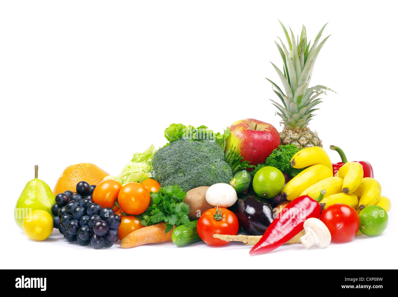 Frisches Obst und Gemüse auf weiß Stockfoto