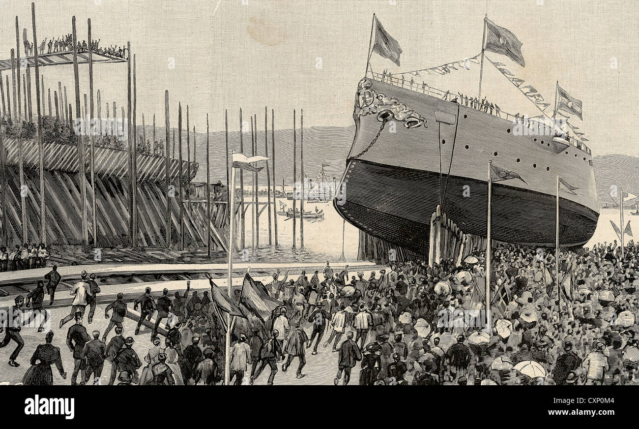 Spanien. Bilbao. Start der Kreuzer Infanta Maria Teresa. Gravur auf 'Die spanische und amerikanische Illustration', 1890. Stockfoto